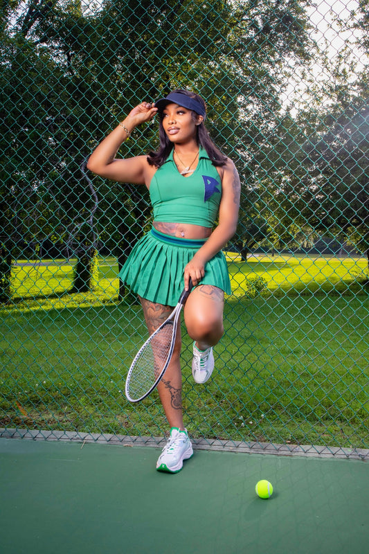 Streetwear Tennis Skirt Set – Pleated Mini Skirt, Crop Top, Visor & Socks (4-Piece Set)GREEN