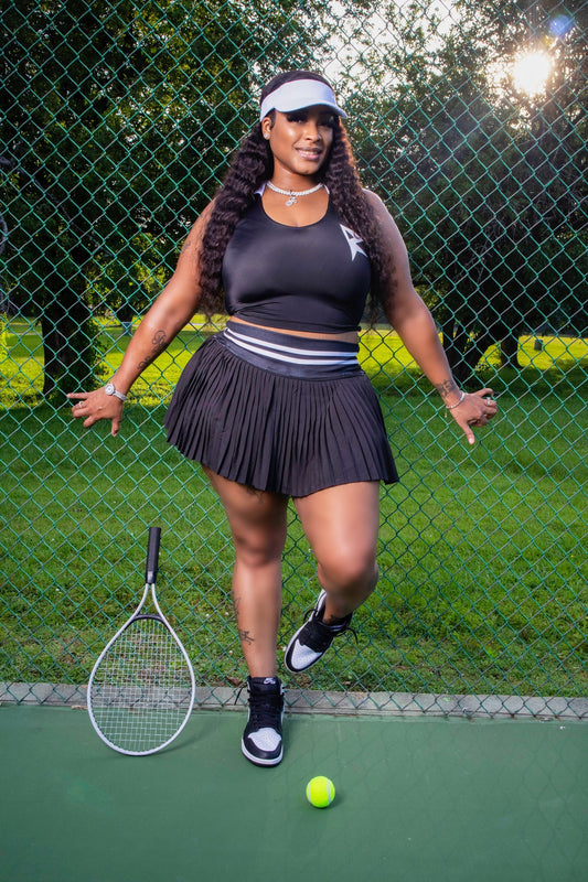 Streetwear Tennis Skirt Set – Pleated Mini Skirt, Crop Top, Visor & Socks (2Piece Set)(CURVE) BLACK
