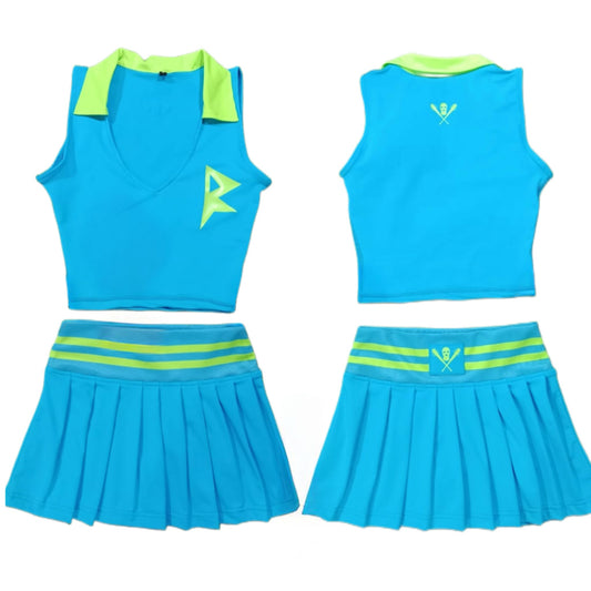 Streetwear Tennis Skirt Set – Pleated Mini Skirt, Crop Top, Visor & Socks (2 Piece Set) BLUE